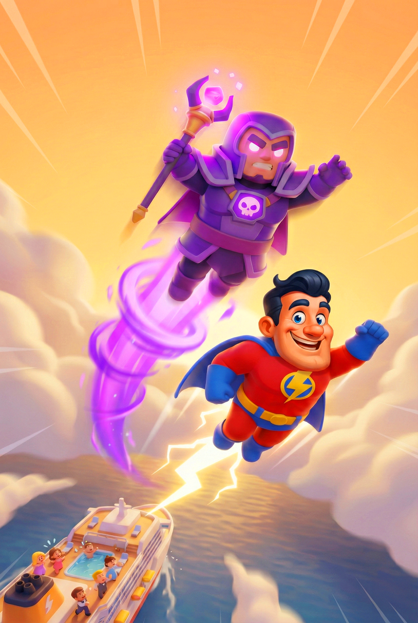 The hero and villain fly over a boat, lightning and purple magic between them.